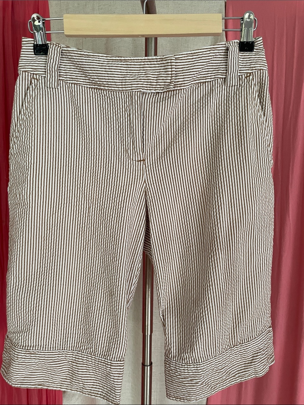 JH Collectibles Beige and White Pinstripe Bermuda Shorts